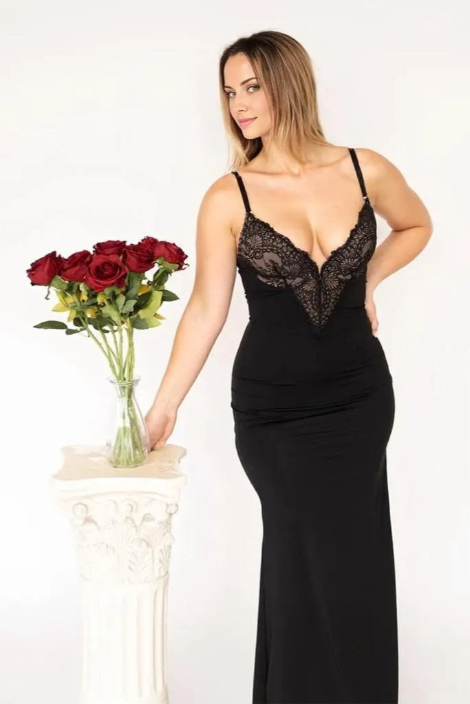 Tummy Control Deep-V Lace Built In Shapewear Maxi Dress