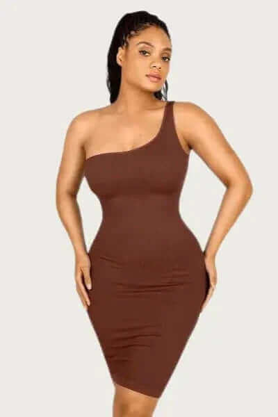 Light Compression Knee Length One Shoulder Shapewear Dress