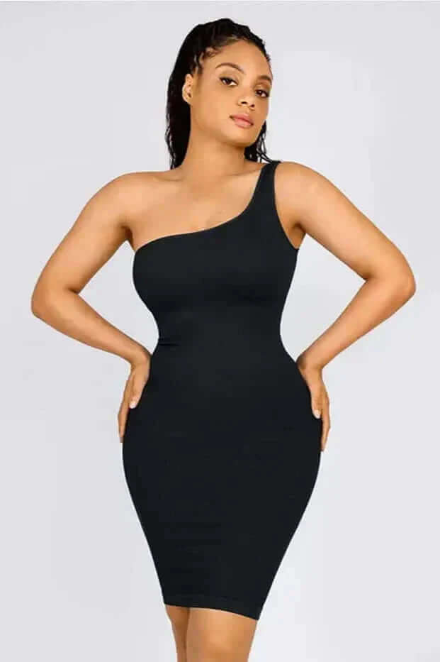 Light Compression Knee Length One Shoulder Shapewear Dress