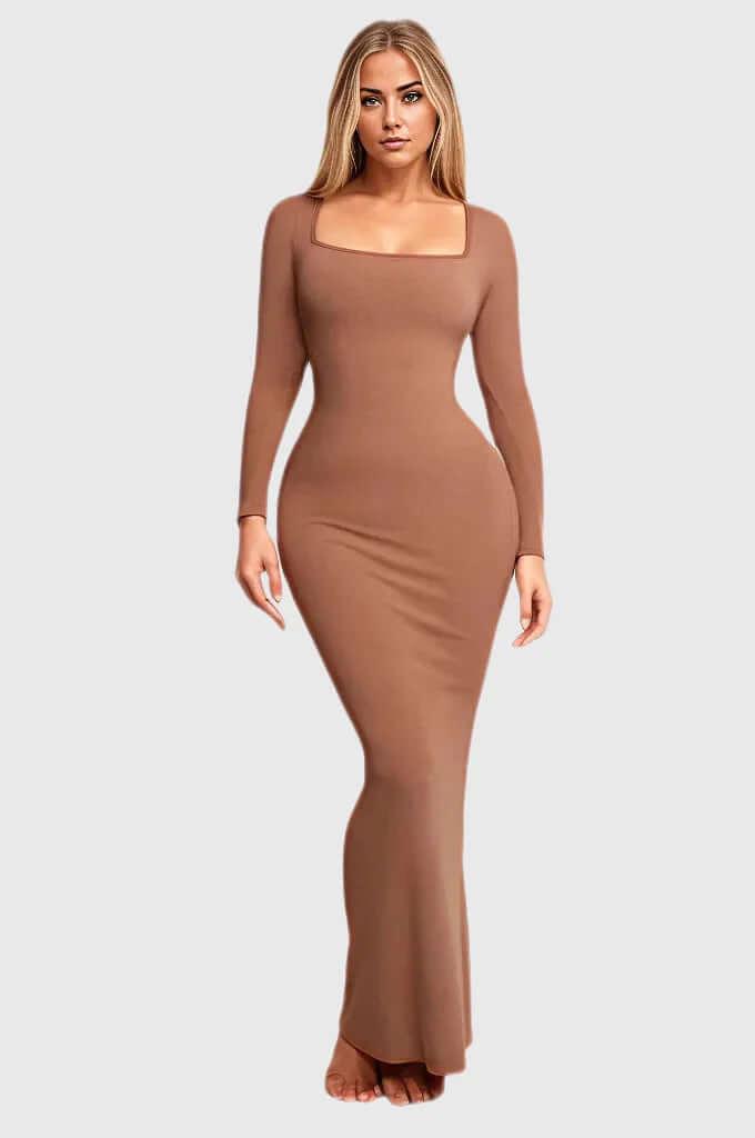 Long Sleeve Light Compression Built-In Shapewear Maxi Dress