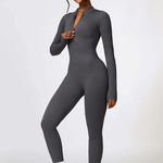 Zip Up High Neck Long Sleeve Workout Jumpsuit, One Piece Gym Suit