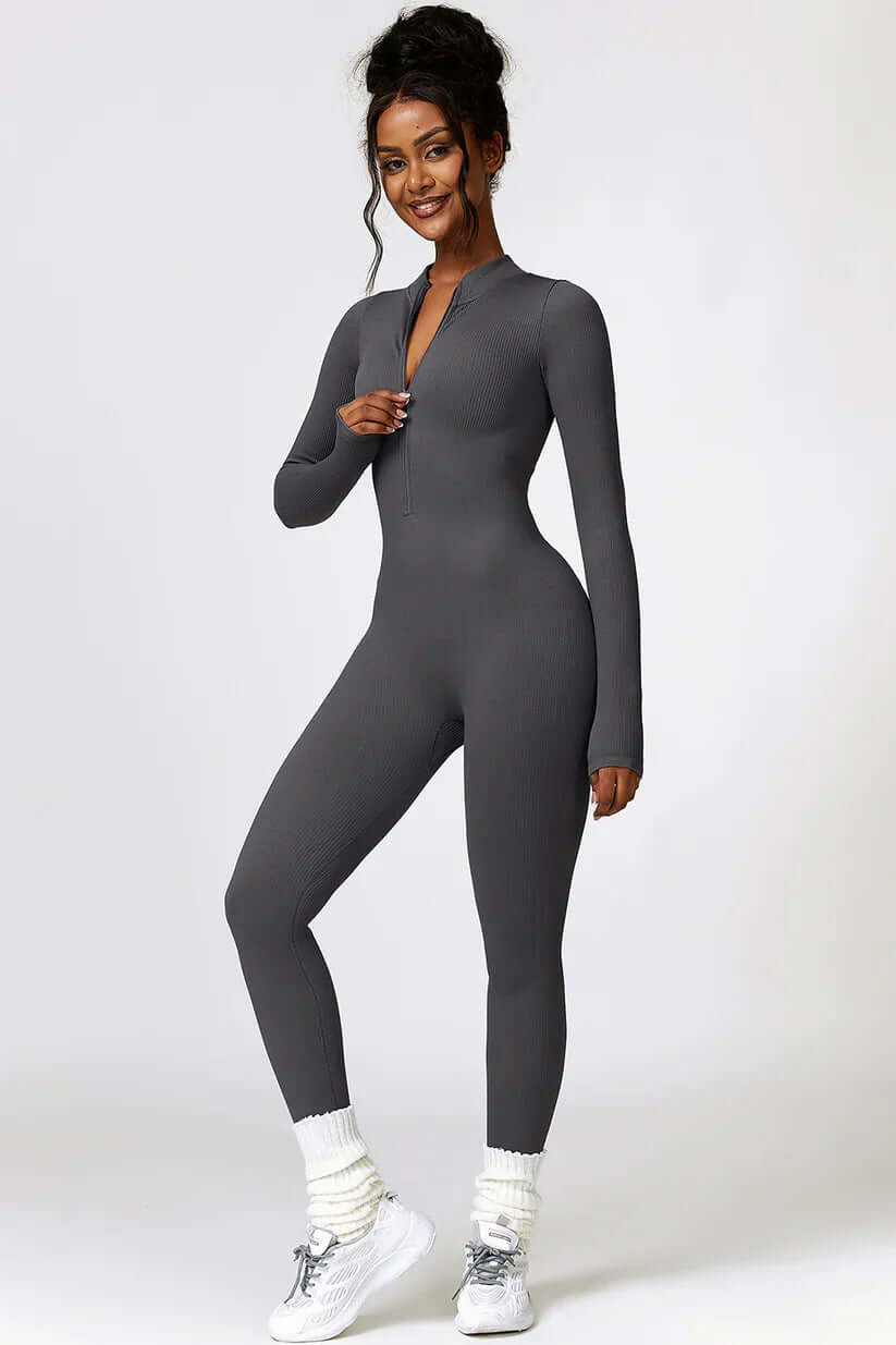 Zip Up High Neck Long Sleeve Workout Jumpsuit, One Piece Gym Suit