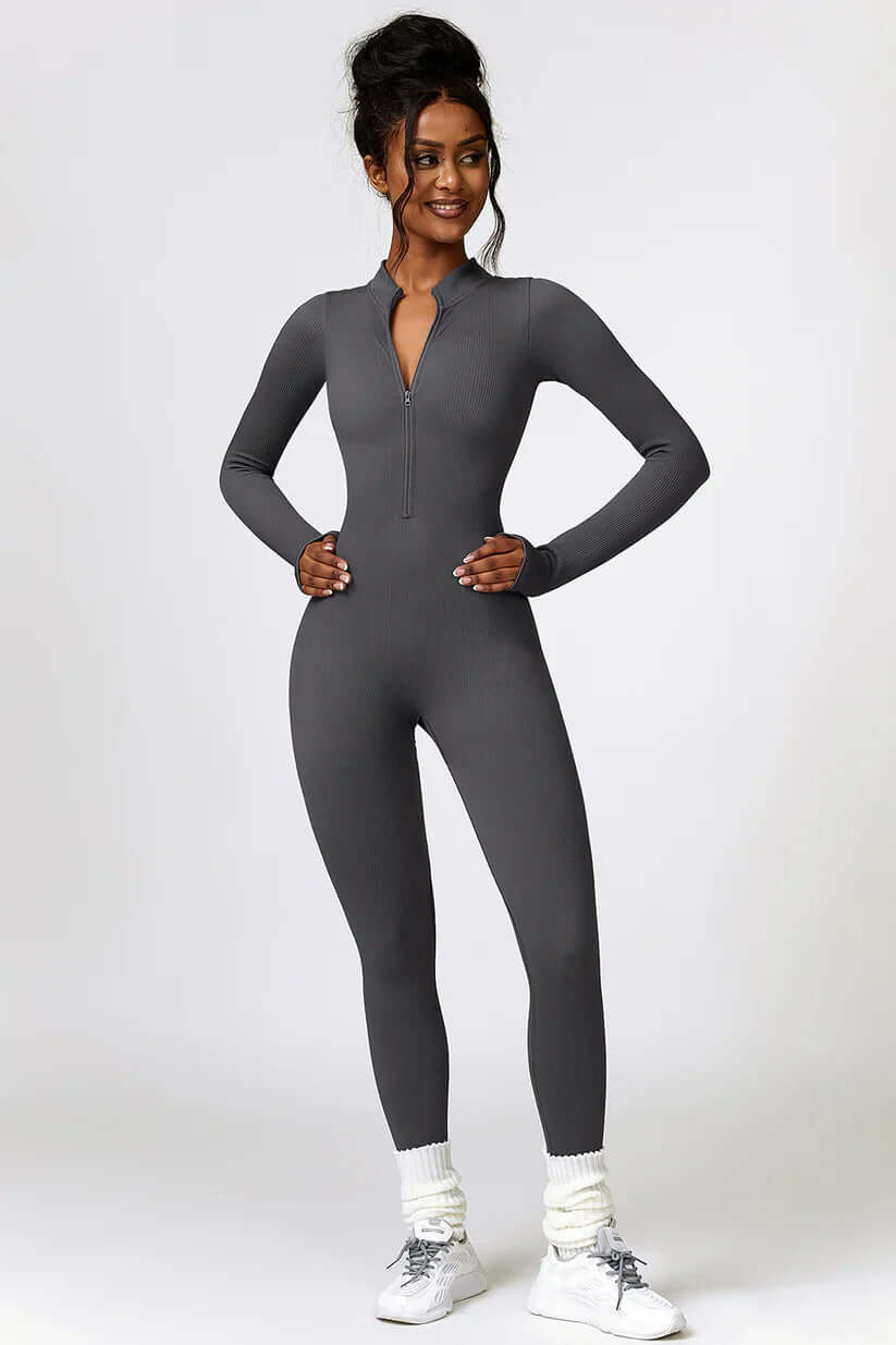 Zip Up High Neck Long Sleeve Workout Jumpsuit, One Piece Gym Suit