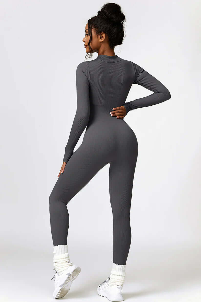 Zip Up High Neck Long Sleeve Workout Jumpsuit, One Piece Gym Suit