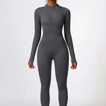 Zip Up High Neck Long Sleeve Workout Jumpsuit, One Piece Gym Suit