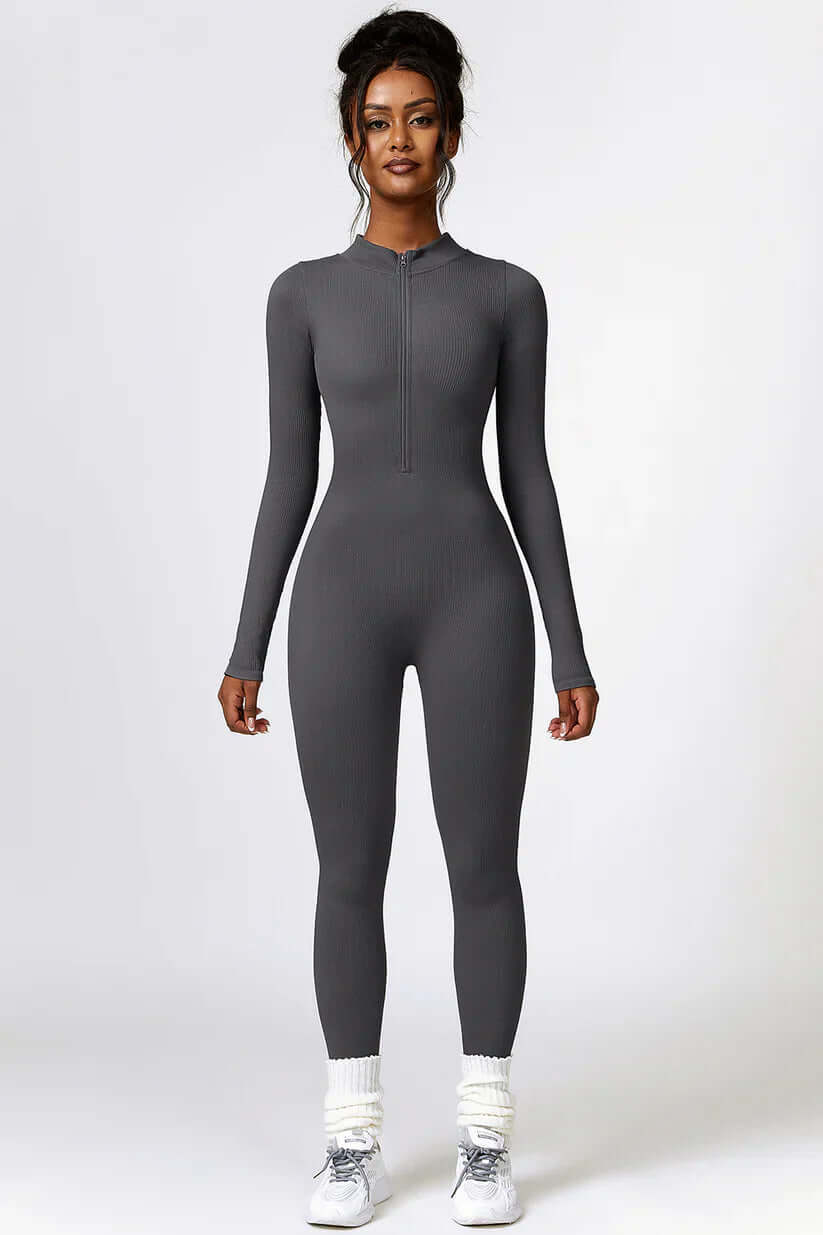 Zip Up High Neck Long Sleeve Workout Jumpsuit, One Piece Gym Suit