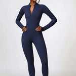 Zip Up High Neck Long Sleeve Workout Jumpsuit, One Piece Gym Suit