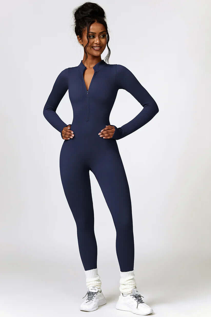 Zip Up High Neck Long Sleeve Workout Jumpsuit, One Piece Gym Suit