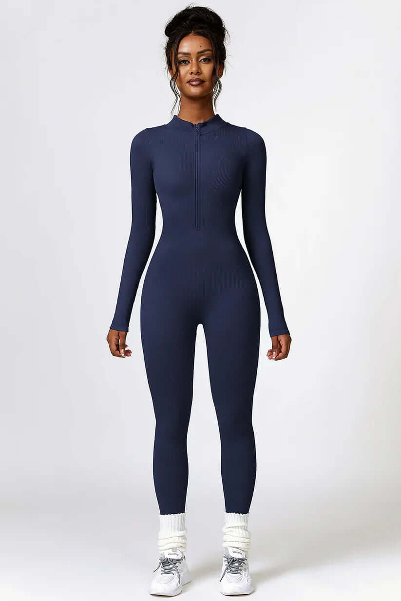 Zip Up High Neck Long Sleeve Workout Jumpsuit, One Piece Gym Suit