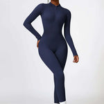 Zip Up High Neck Long Sleeve Workout Jumpsuit, One Piece Gym Suit