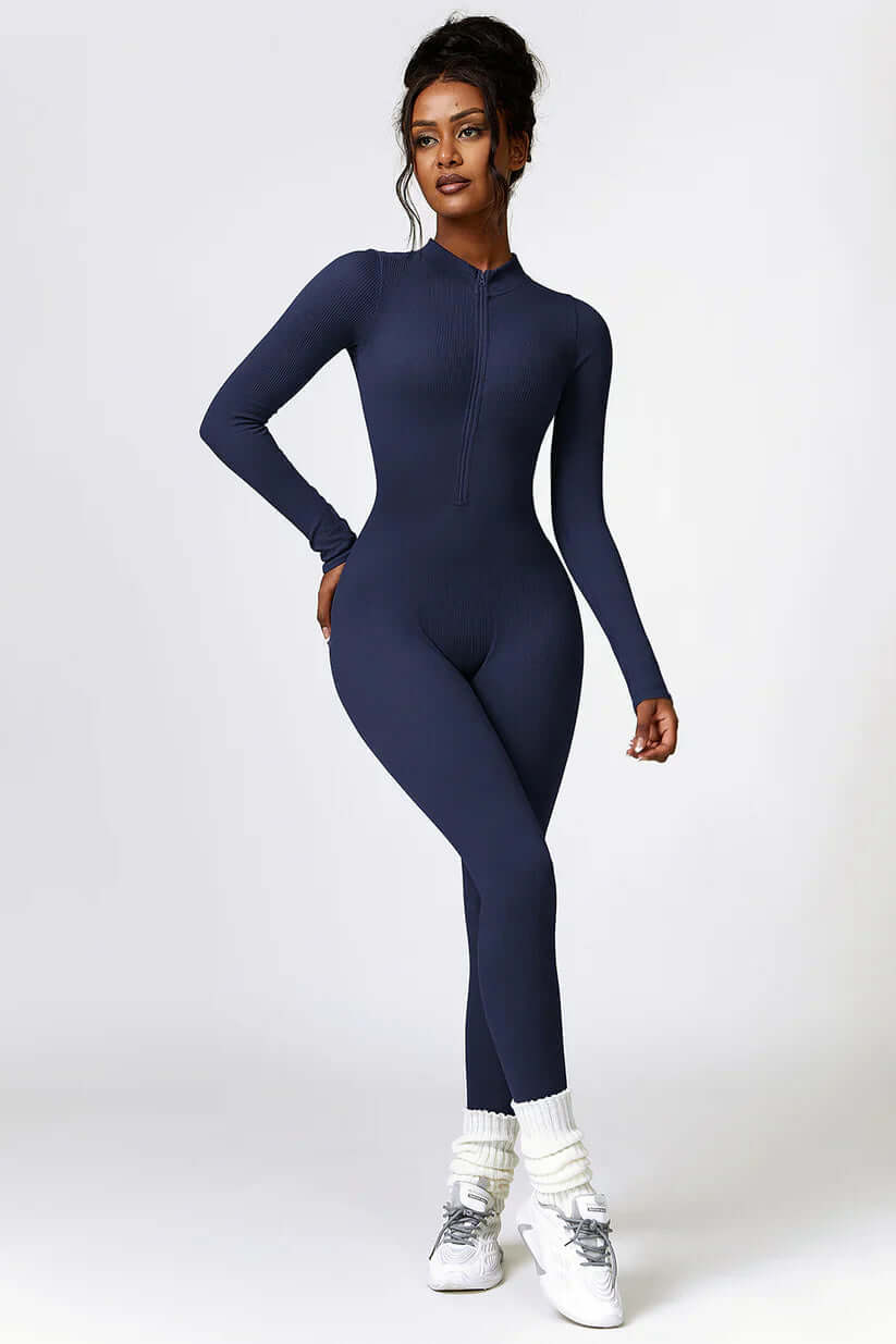 Zip Up High Neck Long Sleeve Workout Jumpsuit, One Piece Gym Suit