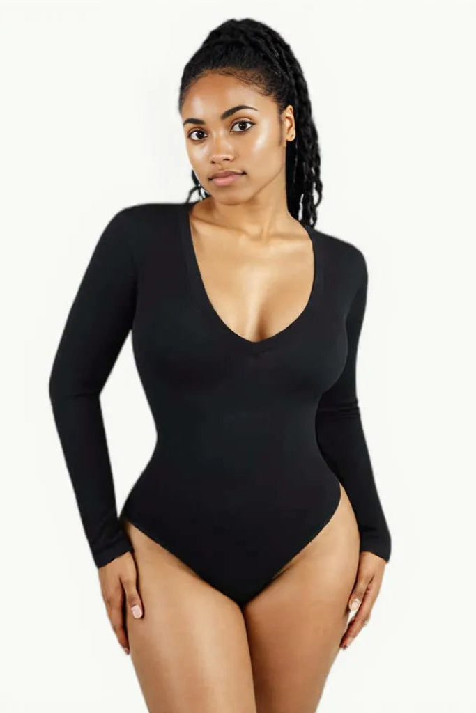 Tummy Control Long Sleeve V-Neck Bodysuit Shapewear