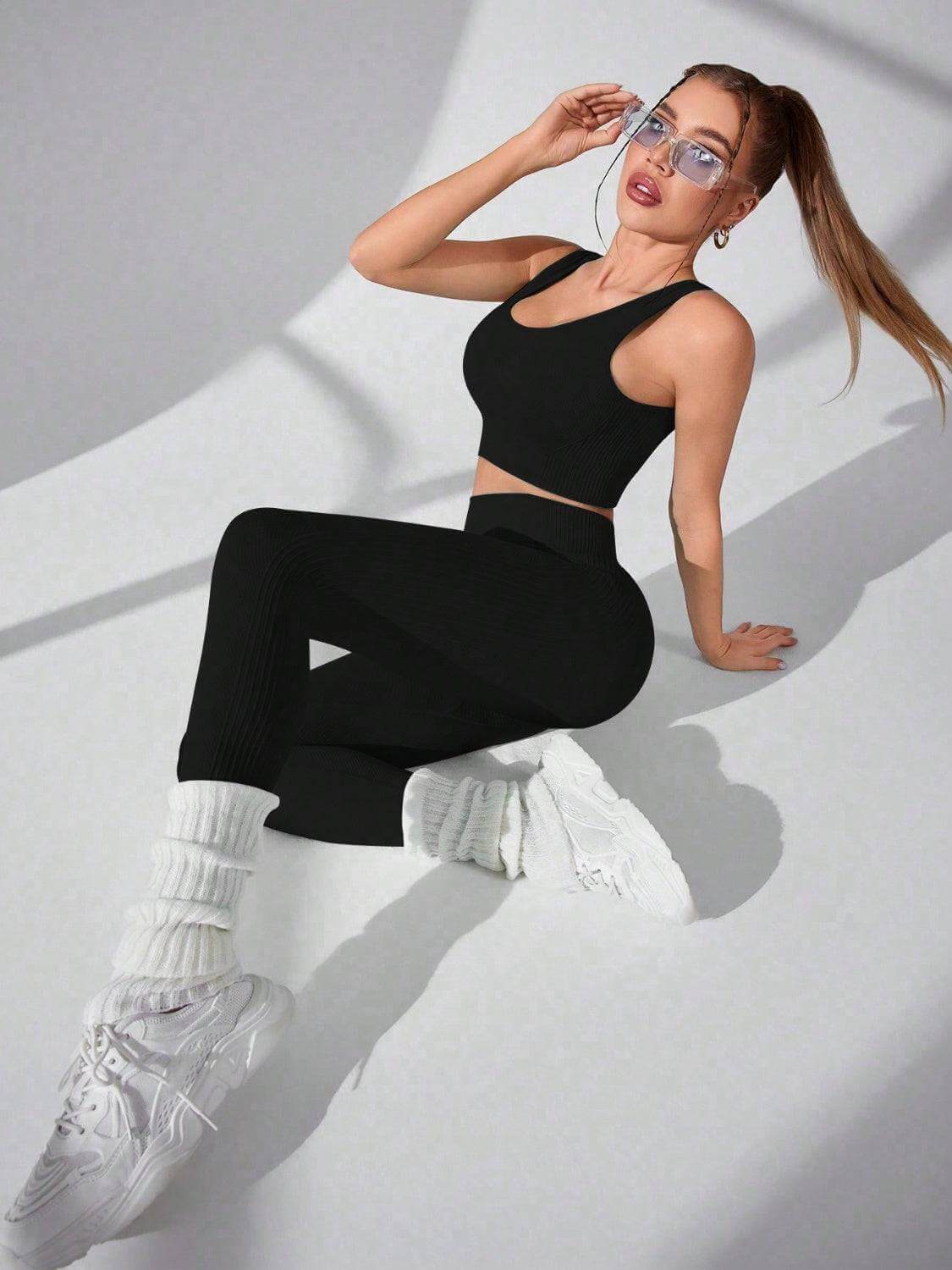 Ribbed Sports Bra and High Waisted Leggings Gym Workout Set