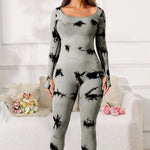 Tie Dye Long Sleeve Scoop Neck Workout Jumpsuit, One Piece Gym Suit