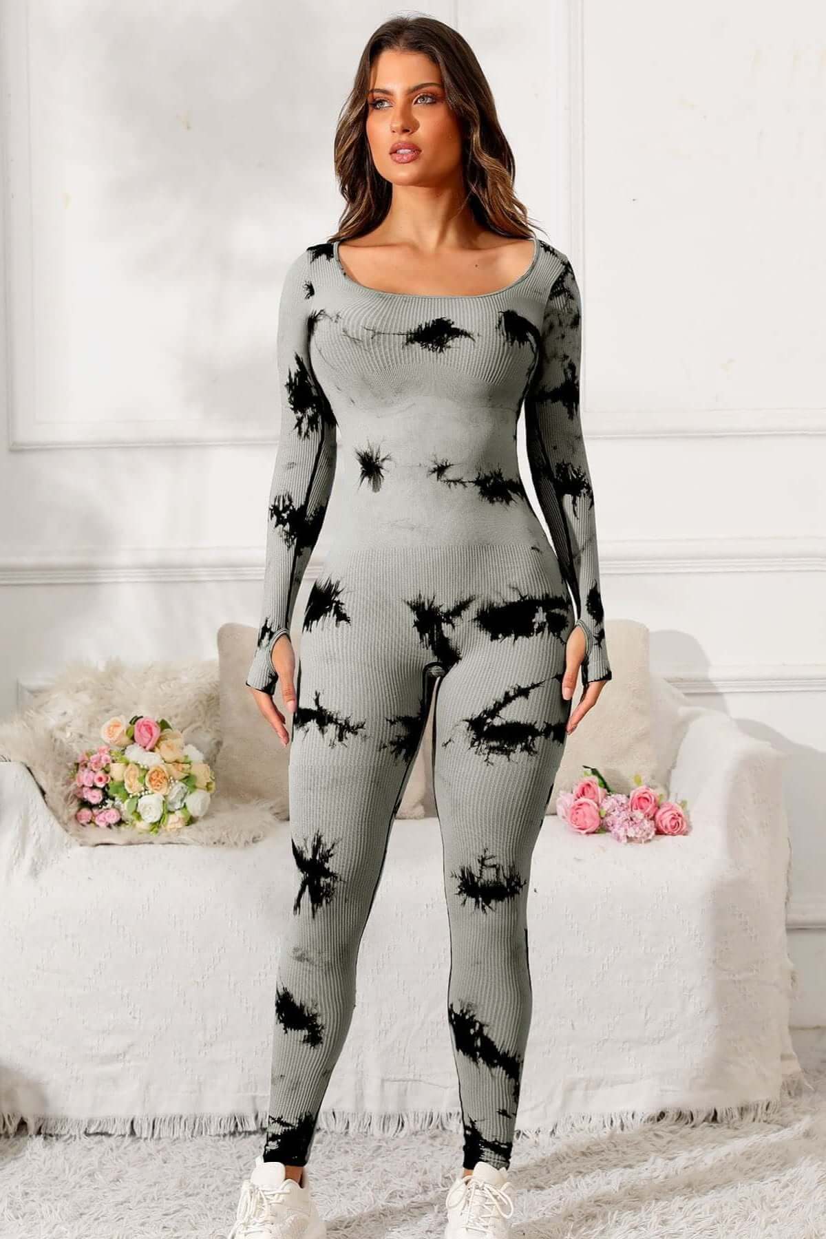 Tie Dye Long Sleeve Scoop Neck Workout Jumpsuit, One Piece Gym Suit