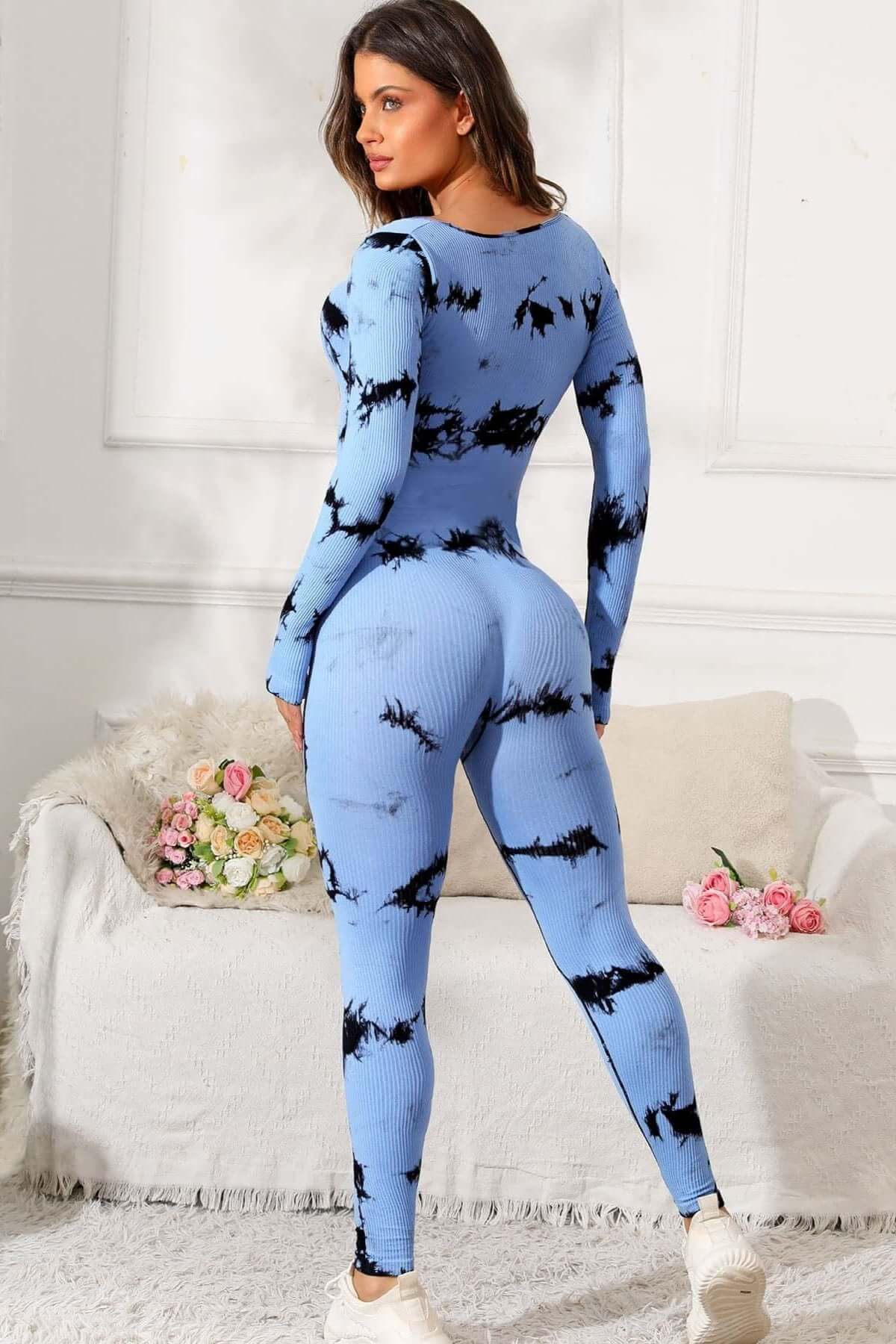 Tie Dye Long Sleeve Scoop Neck Workout Jumpsuit, One Piece Gym Suit