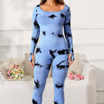 Tie Dye Long Sleeve Scoop Neck Workout Jumpsuit, One Piece Gym Suit