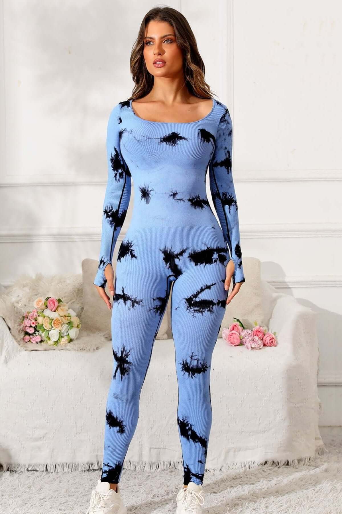 Tie Dye Long Sleeve Scoop Neck Workout Jumpsuit, One Piece Gym Suit